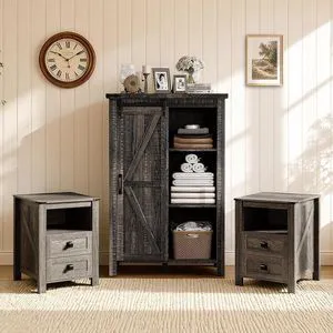 3-Piece Farmhouse Bedroom Furniture Set with Storage Cabinet and 2 Nightstands, Sliding Barn Door Wood Cabinet Set for Bedroom, Entryway, Black Oak 3-Piece Farmhouse Bedroom Furniture Set with Storage Cabinet and 2 Nightstands, Sliding Barn Door Wood Cabinet Set for Bedroom, Entryway, Black Oak