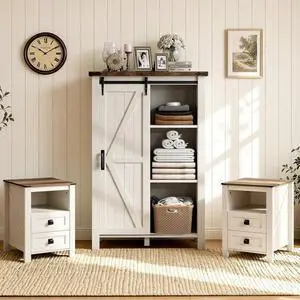 3-Piece Farmhouse Bedroom Furniture Set with Storage Cabinet and 2 Nightstands, Sliding Barn Door Wood Cabinet Set for Bedroom and Entryway, Distressed White 3-Piece Farmhouse Bedroom Furniture Set with Storage Cabinet and 2 Nightstands, Sliding Barn Door Wood Cabinet Set for Bedroom and Entryway, Distressed White