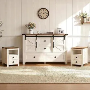 3-Piece Farmhouse Furniture Set with Sideboard Cabinet and Nightstands Set of 2, Sliding Barn Door Wood Storage Cabinet Set for Bedroom, Dining Room, Distressed White 3-Piece Farmhouse Furniture Set with Sideboard Cabinet and Nightstands Set of 2, Sliding Barn Door Wood Storage Cabinet Set for Bedroom, Dining Room, Distressed White