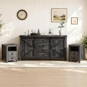 3-Piece Farmhouse Bedroom Furniture Set with Dresser and 2 Nightstands, Sliding Barn Door Wood Storage Set for Bedroom and Dining Room, Black Oak 3-Piece Farmhouse Bedroom Furniture Set with Dresser and 2 Nightstands, Sliding Barn Door Wood Storage Set for Bedroom and Dining Room, Black Oak