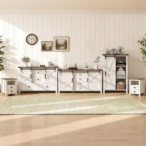 5-Piece Farmhouse Furniture Bedroom Set, Dressers & Nightstand Set of 2 with Storage Cabinet & Sideboard, Sliding Barn Door Wood Bedroom Set for Bedroom/Living Room, Distressed White 5-Piece Farmhouse Furniture Bedroom Set, Dressers & Nightstand Set of 2 with Storage Cabinet & Sideboard, Sliding Barn Door Wood Bedroom Set for Bedroom/Living Room, Distressed White