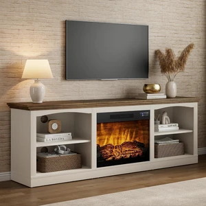 70" Farmhouse Fireplace TV Stand for TVs up to 80", Entertainment Center with 23" Fireplace, Open Shelves, One-Box Delivery, Media Console Table for Living Room, Distressed White 70" Farmhouse Fireplace TV Stand for TVs up to 80", Entertainment Center with 23" Fireplace, Open Shelves, One-Box Delivery, Media Console Table for Living Room, Distressed White