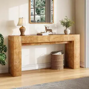 63" Burl Wood Console Table, Modern High Gloss Entryway Table with 2 Storage Drawers, Long Sofa Table Behind the Couch for Entrance, Hallway, Foyer, Living Room, Natural 63" Burl Wood Console Table, Modern High Gloss Entryway Table with 2 Storage Drawers, Long Sofa Table Behind the Couch for Entrance, Hallway, Foyer, Living Room, Natural