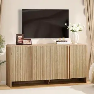 63" Fluted TV Stand Media Console Cabinet with Storage, Modern Credenza Entertainment Center with 4 Doors & Adjustable Shelves, Wood Coffee Bar for Living Room, Hallway, Natural Oak 63" Fluted TV Stand Media Console Cabinet with Storage, Modern Credenza Entertainment Center with 4 Doors & Adjustable Shelves, Wood Coffee Bar for Living Room, Hallway, Natural Oak