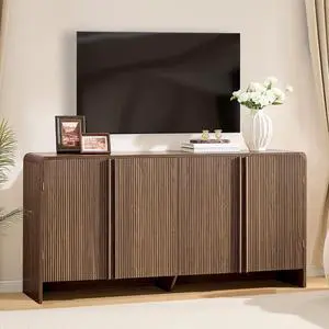 63" Fluted TV Stand Media Console Cabinet with Storage, Modern Credenza Entertainment Center with 4 Doors & Adjustable Shelves, Wood Coffee Bar for Living Room, Hallway, Brown 63" Fluted TV Stand Media Console Cabinet with Storage, Modern Credenza Entertainment Center with 4 Doors & Adjustable Shelves, Wood Coffee Bar for Living Room, Hallway, Brown