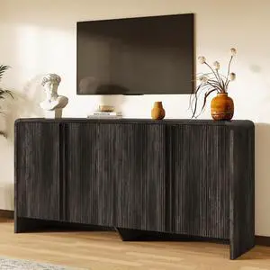 63" Fluted TV Stand Media Console Cabinet with Storage, Modern Credenza Entertainment Center with 4 Doors & Adjustable Shelves, Wood Coffee Bar for Living Room, Hallway, Black 63" Fluted TV Stand Media Console Cabinet with Storage, Modern Credenza Entertainment Center with 4 Doors & Adjustable Shelves, Wood Coffee Bar for Living Room, Hallway, Black