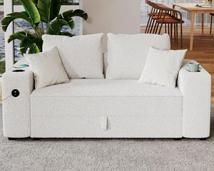 66" Loveseat Sofa with Storage, 2 USB Ports & Cup Holders, Modern Bouclé Upholstered Couch for Small Spaces, Bedroom and Living Room, White 66" Loveseat Sofa with Storage, 2 USB Ports & Cup Holders, Modern Bouclé Upholstered Couch for Small Spaces, Bedroom and Living Room, White