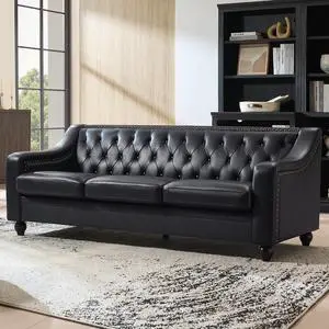 80" Leather Sofa, Modern Chesterfield Genuine Leather Sofa, Tufted 3 Seater Black Leather Couch with Curved Arms, Leather Couches for Living Room 80" Leather Sofa, Modern Chesterfield Genuine Leather Sofa, Tufted 3 Seater Black Leather Couch with Curved Arms, Leather Couches for Living Room