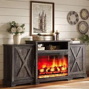 70" Farmhouse Fireplace TV Stand for TVs up to 80", Entertainment Center with 29" Electric Fireplace, Media Console with Storage Cabinets & Adjustable Shelf, Rustic Black 70" Farmhouse Fireplace TV Stand for TVs up to 80", Entertainment Center with 29" Electric Fireplace, Media Console with Storage Cabinets & Adjustable Shelf, Rustic Black