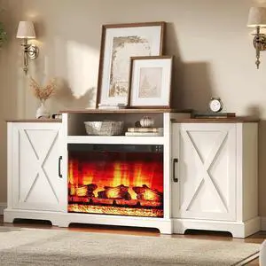 70" Farmhouse Fireplace TV Stand for TVs up to 80", Entertainment Center with 29" Electric Fireplace, Media Console with Storage Cabinets & Adjustable Shelf, White 70" Farmhouse Fireplace TV Stand for TVs up to 80", Entertainment Center with 29" Electric Fireplace, Media Console with Storage Cabinets & Adjustable Shelf, White