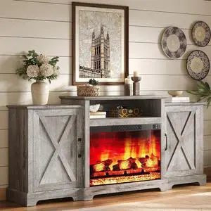 70" Farmhouse Fireplace TV Stand for TVs up to 80", Entertainment Center with 29" Electric Fireplace, Media Console with Storage Cabinets & Adjustable Shelf, Light Grey 70" Farmhouse Fireplace TV Stand for TVs up to 80", Entertainment Center with 29" Electric Fireplace, Media Console with Storage Cabinets & Adjustable Shelf, Light Grey