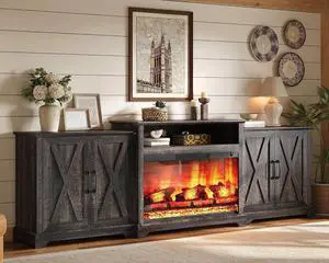 97" Large Fireplace TV Stand for TVs up to 110", Farmhouse Entertainment Center with 33" Electric Fireplace, Media Console with Storage Cabinets & Adjustable Shelf, Rustic Black 97" Large Fireplace TV Stand for TVs up to 110", Farmhouse Entertainment Center with 33" Electric Fireplace, Media Console with Storage Cabinets & Adjustable Shelf, Rustic Black