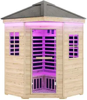Outdoor Sauna 4 Person, Asphalt Shingle Roof, Infrared Saunas for Home, Low EMF 2850W/240V/20A Finnish Spruce Wood Dry Sauna with 12 Carbon Panels, 7-Color Light Therapy & 2 Bluetooth Speakers Outdoor Sauna 4 Person, Asphalt Shingle Roof, Infrared Saunas for Home, Low EMF 2850W/240V/20A Finnish Spruce Wood Dry Sauna with 12 Carbon Panels, 7-Color Light Therapy & 2 Bluetooth Speakers
