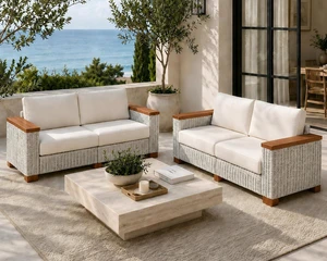 4-Piece Wicker Patio Furniture Set with Solid Wood Armrest, Outdoor Patio Set with Thick Legs, UV-Resistant Modular Outdoor Sectional Sofa for Backyard, Porch, Garden 4-Piece Wicker Patio Furniture Set with Solid Wood Armrest, Outdoor Patio Set with Thick Legs, UV-Resistant Modular Outdoor Sectional Sofa for Backyard, Porch, Garden
