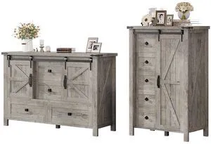 2PCS Farmhouse Dresser Set with Sliding Barn Doors, Bedroom Sets Include 47'' Dresser with 4 Drawers, 5-Drawer Tall Dresser, Light Rustic Oak 2PCS Farmhouse Dresser Set with Sliding Barn Doors, Bedroom Sets Include 47'' Dresser with 4 Drawers, 5-Drawer Tall Dresser, Light Rustic Oak