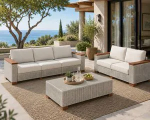 5-Piece Wicker Patio Furniture Set with Solid Wood Armrest, Outdoor Patio Set with Thick Legs, UV-Resistant Modular Outdoor Sectional Sofa for Backyard, Porch, Garden 5-Piece Wicker Patio Furniture Set with Solid Wood Armrest, Outdoor Patio Set with Thick Legs, UV-Resistant Modular Outdoor Sectional Sofa for Backyard, Porch, Garden