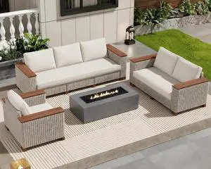 6-Piece Wicker Patio Furniture Set with Solid Wood Armrest, Outdoor Patio Set with Thick Legs, UV-Resistant Modular Outdoor Sectional Sofa for Backyard, Porch, Garden 6-Piece Wicker Patio Furniture Set with Solid Wood Armrest, Outdoor Patio Set with Thick Legs, UV-Resistant Modular Outdoor Sectional Sofa for Backyard, Porch, Garden