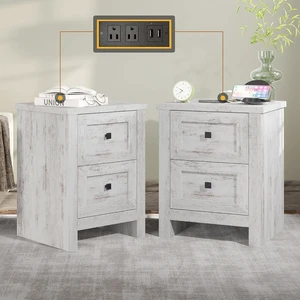 Large Nightstand Set of 2 with Charging Station, Bedside Table with USB Ports and Outlets, Farmhouse Wood End Table for Bedroom, Distressed White Large Nightstand Set of 2 with Charging Station, Bedside Table with USB Ports and Outlets, Farmhouse Wood End Table for Bedroom, Distressed White