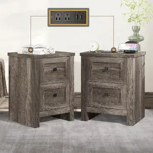 Nightstand Set of 2 with Charging Station, Rustic Bedside Table with Drawers Storage, Farmhouse Wood Night Stand for Bedroom, Rustic Grey Nightstand Set of 2 with Charging Station, Rustic Bedside Table with Drawers Storage, Farmhouse Wood Night Stand for Bedroom, Rustic Grey