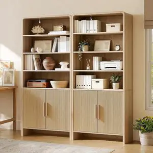 71" Modern Bookcase Set of 2 with Storage Cabinet, 6-Tier Bookshelf with 3 Adjustable Shelves & Fluted Doors, Wood Curved Display Cabinet for Living Room, Dining Room, Home Office, Natural 71" Modern Bookcase Set of 2 with Storage Cabinet, 6-Tier Bookshelf with 3 Adjustable Shelves & Fluted Doors, Wood Curved Display Cabinet for Living Room, Dining Room, Home Office, Natural