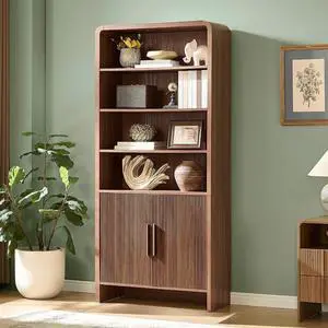 71" Modern Bookcase with Storage Cabinet, 6-Tier Bookshelf with 3 Adjustable Shelves & Fluted Doors, Wood Curved Display Cabinet for Living Room, Dining Room, Home Office, Brown 71" Modern Bookcase with Storage Cabinet, 6-Tier Bookshelf with 3 Adjustable Shelves & Fluted Doors, Wood Curved Display Cabinet for Living Room, Dining Room, Home Office, Brown