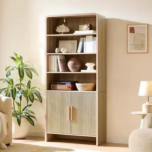 71" Modern Bookcase with Storage Cabinet, 6-Tier Bookshelf with 3 Adjustable Shelves & Fluted Doors, Wood Curved Display Cabinet for Living Room, Dining Room, Home Office, Natural 71" Modern Bookcase with Storage Cabinet, 6-Tier Bookshelf with 3 Adjustable Shelves & Fluted Doors, Wood Curved Display Cabinet for Living Room, Dining Room, Home Office, Natural