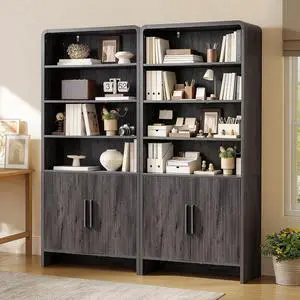 71" Modern Bookcase Set of 2 with Storage Cabinet, 6-Tier Bookshelf with 3 Adjustable Shelves & Fluted Doors, Wood Curved Display Cabinet for Living Room, Dining Room, Home Office, Dark Grey 71" Modern Bookcase Set of 2 with Storage Cabinet, 6-Tier Bookshelf with 3 Adjustable Shelves & Fluted Doors, Wood Curved Display Cabinet for Living Room, Dining Room, Home Office, Dark Grey