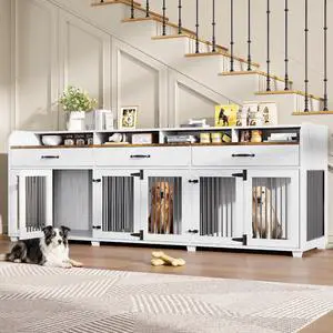95" Dog Crate Furniture with Storage, 3-Room Indoor Wooden Dog Kennel for Medium/Small Dogs, TV Stand & Sideboard with Drawers & Removable Divider, White+Barnwood 95" Dog Crate Furniture with Storage, 3-Room Indoor Wooden Dog Kennel for Medium/Small Dogs, TV Stand & Sideboard with Drawers & Removable Divider, White+Barnwood