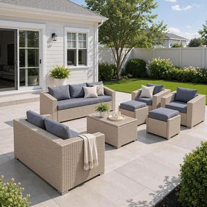 10-Piece Wicker Patio Furniture Set, Rattan Sectional Sofa with Storage Coffee Table & 2 Ottomans, All-Weather Outdoor Conversation Set for Backyard, Deck, Grey 10-Piece Wicker Patio Furniture Set, Rattan Sectional Sofa with Storage Coffee Table & 2 Ottomans, All-Weather Outdoor Conversation Set for Backyard, Deck, Grey
