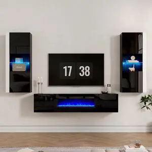 Wall Unit Entertainment Center with 36" Electric Fireplace, Includes 68" Floating Fireplace TV Stand, 2 x Wall Cabinets, Modern LED Light Media Console Table for Living Room, Black/White Wall Unit Entertainment Center with 36" Electric Fireplace, Includes 68" Floating Fireplace TV Stand, 2 x Wall Cabinets, Modern LED Light Media Console Table for Living Room, Black/White