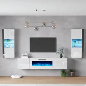 Wall Unit Entertainment Center with 40" Electric Fireplace, Includes 80" Floating Fireplace TV Stand, 2 x Wall Cabinets, Modern LED Light Media Console Table for Living Room, All White Wall Unit Entertainment Center with 40" Electric Fireplace, Includes 80" Floating Fireplace TV Stand, 2 x Wall Cabinets, Modern LED Light Media Console Table for Living Room, All White