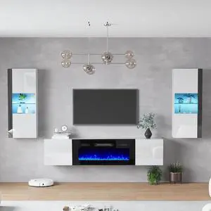 Wall Unit Entertainment Center with 36" Electric Fireplace, Includes 68" Floating Fireplace TV Stand, 2 x Wall Cabinets, Modern LED Light Media Console Table for Living Room, White/Black Wall Unit Entertainment Center with 36" Electric Fireplace, Includes 68" Floating Fireplace TV Stand, 2 x Wall Cabinets, Modern LED Light Media Console Table for Living Room, White/Black