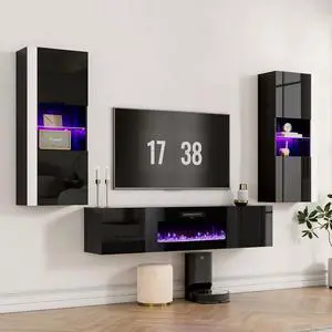 Wall Unit Entertainment Center with 40" Electric Fireplace, Includes 80" Floating Fireplace TV Stand, 2 x Wall Cabinets, Modern LED Light Media Console Table for Living Room, Black Wall Unit Entertainment Center with 40" Electric Fireplace, Includes 80" Floating Fireplace TV Stand, 2 x Wall Cabinets, Modern LED Light Media Console Table for Living Room, Black