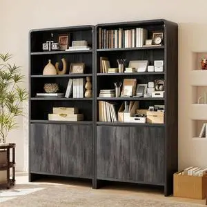 71" Modern Bookcase Set of 2 with Storage Cabinets, Black | 2 Pieces Bookshelf Set, Storage Cabinets with Adjustable Shelves, Curved Design, Ideal for Living Room, Bedroom, Home Office 71" Modern Bookcase Set of 2 with Storage Cabinets, Black | 2 Pieces Bookshelf Set, Storage Cabinets with Adjustable Shelves, Curved Design, Ideal for Living Room, Bedroom, Home Office