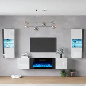 Wall Unit Entertainment Center with 40" Electric Fireplace, Includes 80" Floating Fireplace TV Stand, 2 x Wall Cabinets, Modern LED Light Media Console Table for Living Room, White/Black Wall Unit Entertainment Center with 40" Electric Fireplace, Includes 80" Floating Fireplace TV Stand, 2 x Wall Cabinets, Modern LED Light Media Console Table for Living Room, White/Black