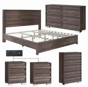 5 Pieces Farmhouse Bedroom Sets, King Size Bed Frame with 49" Fluted Headboard, 54" Wide 6 Drawer Dresser, 47 Tall 5 Drawer Dresser, Nightstand Set of 2 with Charging Station, Gray 5 Pieces Farmhouse Bedroom Sets, King Size Bed Frame with 49" Fluted Headboard, 54" Wide 6 Drawer Dresser, 47 Tall 5 Drawer Dresser, Nightstand Set of 2 with Charging Station, Gray