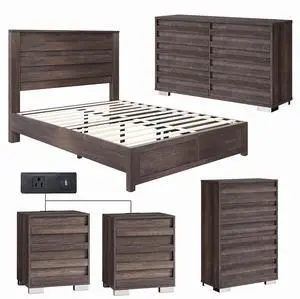 5 Pieces Farmhouse Bedroom Sets, Queen Size Bed Frame with 49" Fluted Headboard, 54" Wide 6 Drawer Dresser, 47 Tall 5 Drawer Dresser, Nightstand Set of 2 with Charging Station, Gray 5 Pieces Farmhouse Bedroom Sets, Queen Size Bed Frame with 49" Fluted Headboard, 54" Wide 6 Drawer Dresser, 47 Tall 5 Drawer Dresser, Nightstand Set of 2 with Charging Station, Gray