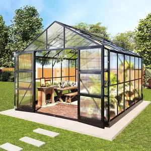 10x12 FT Heavy Duty Aluminum Greenhouse with 4 Roof Vents & Rain Gutter, Polycarbonate Greenhouse for Outdoor Garden Backyard, Black 10x12 FT Heavy Duty Aluminum Greenhouse with 4 Roof Vents & Rain Gutter, Polycarbonate Greenhouse for Outdoor Garden Backyard, Black