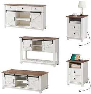 Farmhouse 5-Piece Set,18" End Tables Set of 2 with Charging Station,TV Stand for 65"+ TV, Storage Coffee Table & 46'' Entryway Table,Sliding Barn Doors,Adjustable Shelves, Rustic White Farmhouse 5-Piece Set,18" End Tables Set of 2 with Charging Station,TV Stand for 65"+ TV, Storage Coffee Table & 46'' Entryway Table,Sliding Barn Doors,Adjustable Shelves, Rustic White