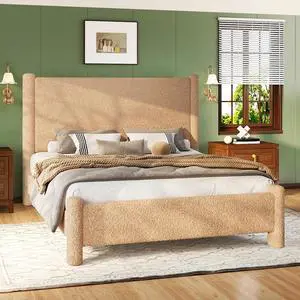 King Boucle Cloud Upholstered Bed Frame with Cylinder Headboard, Modern Platform Structure, Sherpa Boucle Soft Design, No Box Spring Needed, Khaki King Boucle Cloud Upholstered Bed Frame with Cylinder Headboard, Modern Platform Structure, Sherpa Boucle Soft Design, No Box Spring Needed, Khaki