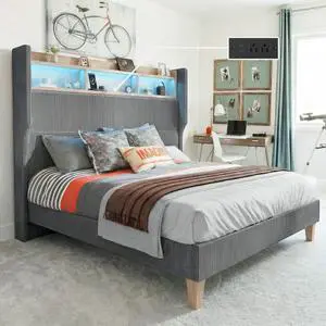 Queen Size Boys Bed Frame with 51" Tall Headboard, LED Lights & Charging Station, Corduroy Upholstered Platform Bed with Storage Shelf, No Box Spring Needed, Grey Queen Size Boys Bed Frame with 51" Tall Headboard, LED Lights & Charging Station, Corduroy Upholstered Platform Bed with Storage Shelf, No Box Spring Needed, Grey