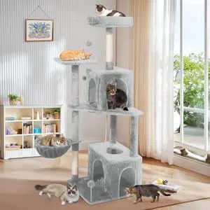 Cat Tree, 54-Inch Cat Tower for Indoor Cats,Plush Multi-Level Cat Condo with Scratching Posts, Basket, Perches, Caves, Pompoms(Light Gray) Cat Tree, 54-Inch Cat Tower for Indoor Cats,Plush Multi-Level Cat Condo with Scratching Posts, Basket, Perches, Caves, Pompoms(Light Gray)