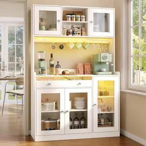 Korfile 71" Pantry Cabinet, Tall Kitchen Pantry Cabinet with Charging Station & LED Light, Kitchen Hutch with Wine Rack, Pantry Storage Cabinets with Microwave Stand for Dining Room, White Korfile 71" Pantry Cabinet, Tall Kitchen Pantry Cabinet with Charging Station & LED Light, Kitchen Hutch with Wine Rack, Pantry Storage Cabinets with Microwave Stand for Dining Room, White