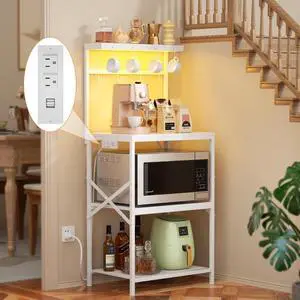 Korfile Kitchen Bakers Rack with Power Outlet & LED Lights, Small Coffee Bar Table with Adjustable Storage Shelf, 4 Tiers Microwave Stand with 8 Hooks, Coffee Station for Appliance Organizer, White Korfile Kitchen Bakers Rack with Power Outlet & LED Lights, Small Coffee Bar Table with Adjustable Storage Shelf, 4 Tiers Microwave Stand with 8 Hooks, Coffee Station for Appliance Organizer, White