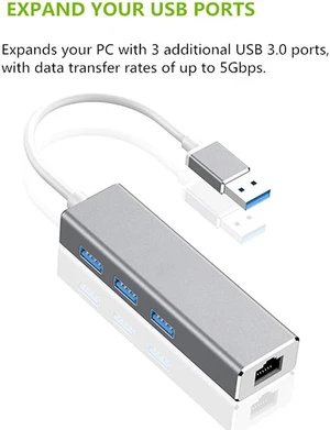 USB 3.0 to Ethernet Adapter,Hannord 3-Port USB 3.0 Hub with RJ45 10/100/1000 Gigabit Ethernet Adapter Support Windows 10,8.1,Mac OS, Surface Pro,Linux,Chromebook and More