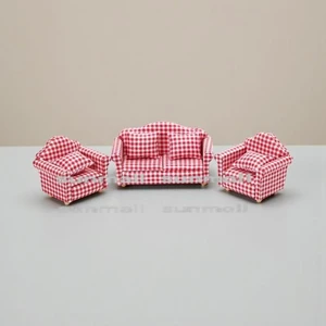 Japan Miniature Sofa Red Plaid 3-Piece Set Dollhouse Furniture 1/6 1/12