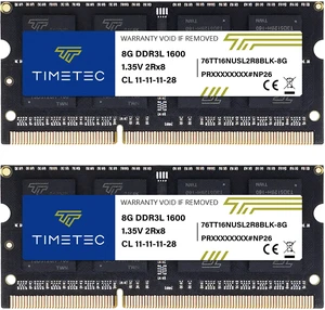 Timetec 16GB KIT(2x8GB) DDR3L / DDR3 1600MHz (DDR3L-1600) PC3L-12800 / PC3-12800 Non-ECC Unbuffered 1.35V/1.5V CL11 2Rx8 204 Pin SODIMM Laptop Notebook PC Computer Memory RAM Module Upgrade Black PCB Timetec 16GB KIT(2x8GB) DDR3L / DDR3 1600MHz (DDR3L-1600) PC3L-12800 / PC3-12800 Non-ECC Unbuffered 1.35V/1.5V CL11 2Rx8 204 Pin SODIMM Laptop Notebook PC Computer Memory RAM Module Upgrade Black PCB