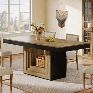 Tribesigns Dining Table for 4-6 People, 63" Rectangle Kitchen Table, Farmhouse Dining Room Furniture for Dinner, Banquet, 62.99" W x 31.5" D, Natural Wood and Black Tribesigns Dining Table for 4-6 People, 63" Rectangle Kitchen Table, Farmhouse Dining Room Furniture for Dinner, Banquet, 62.99" W x 31.5" D, Natural Wood and Black