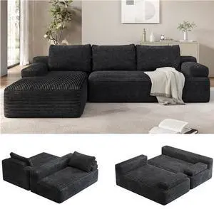 Yaheetech 110" Modular Sectional Sofa Corduroy Boneless Couch with Chaise L-Shape Cloud Couch with Detachable Pillows No Assembly Sofa for Living Room, Dark Gray Yaheetech 110" Modular Sectional Sofa Corduroy Boneless Couch with Chaise L-Shape Cloud Couch with Detachable Pillows No Assembly Sofa for Living Room, Dark Gray