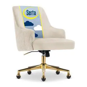 Serta Scarlett Modern Office Chair, Pleated and Curved Mid-Back Desk Chair, Pocket Coil Seat Cushion, Padded Armrests, Vanity Armchair with Wheels, Swivel Gold Base, Beige Velvet Fabric Serta Scarlett Modern Office Chair, Pleated and Curved Mid-Back Desk Chair, Pocket Coil Seat Cushion, Padded Armrests, Vanity Armchair with Wheels, Swivel Gold Base, Beige Velvet Fabric